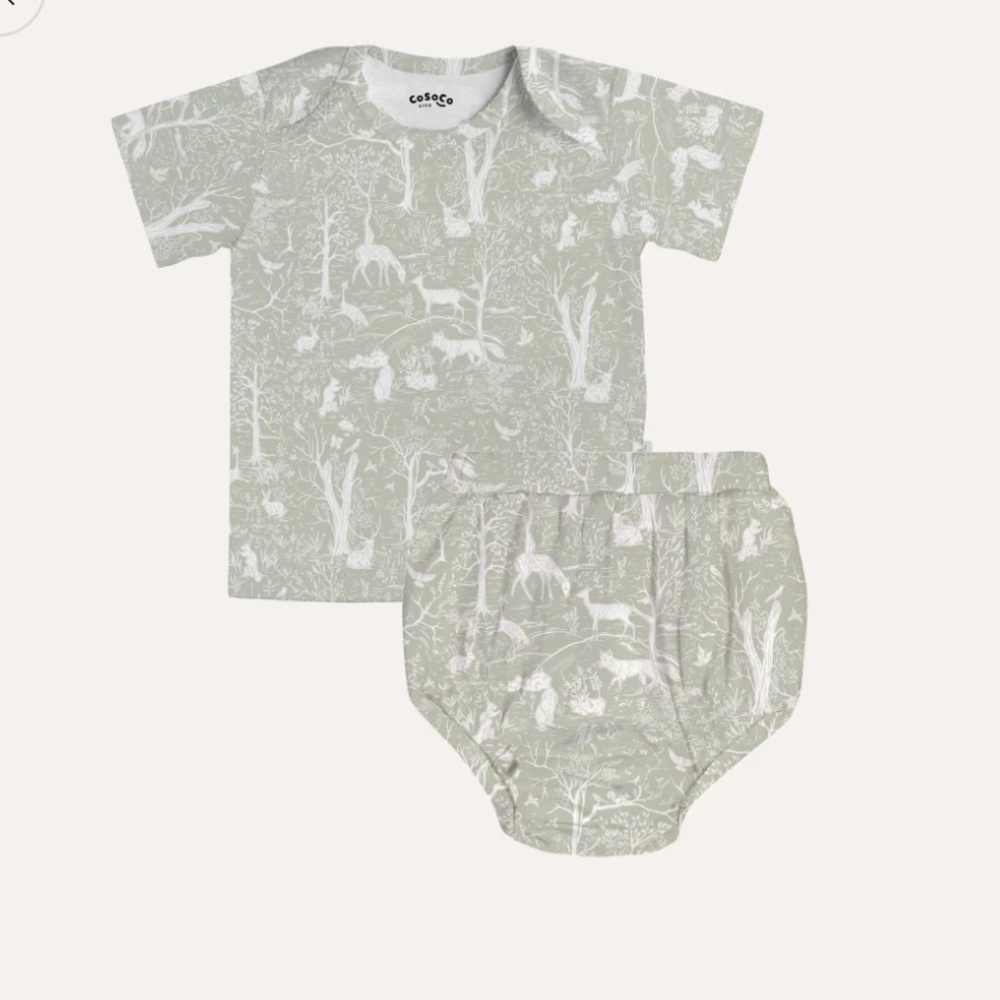 Cosoco baby bloomer short sleeve tee and shorts set in woodlands 0-6 months *
